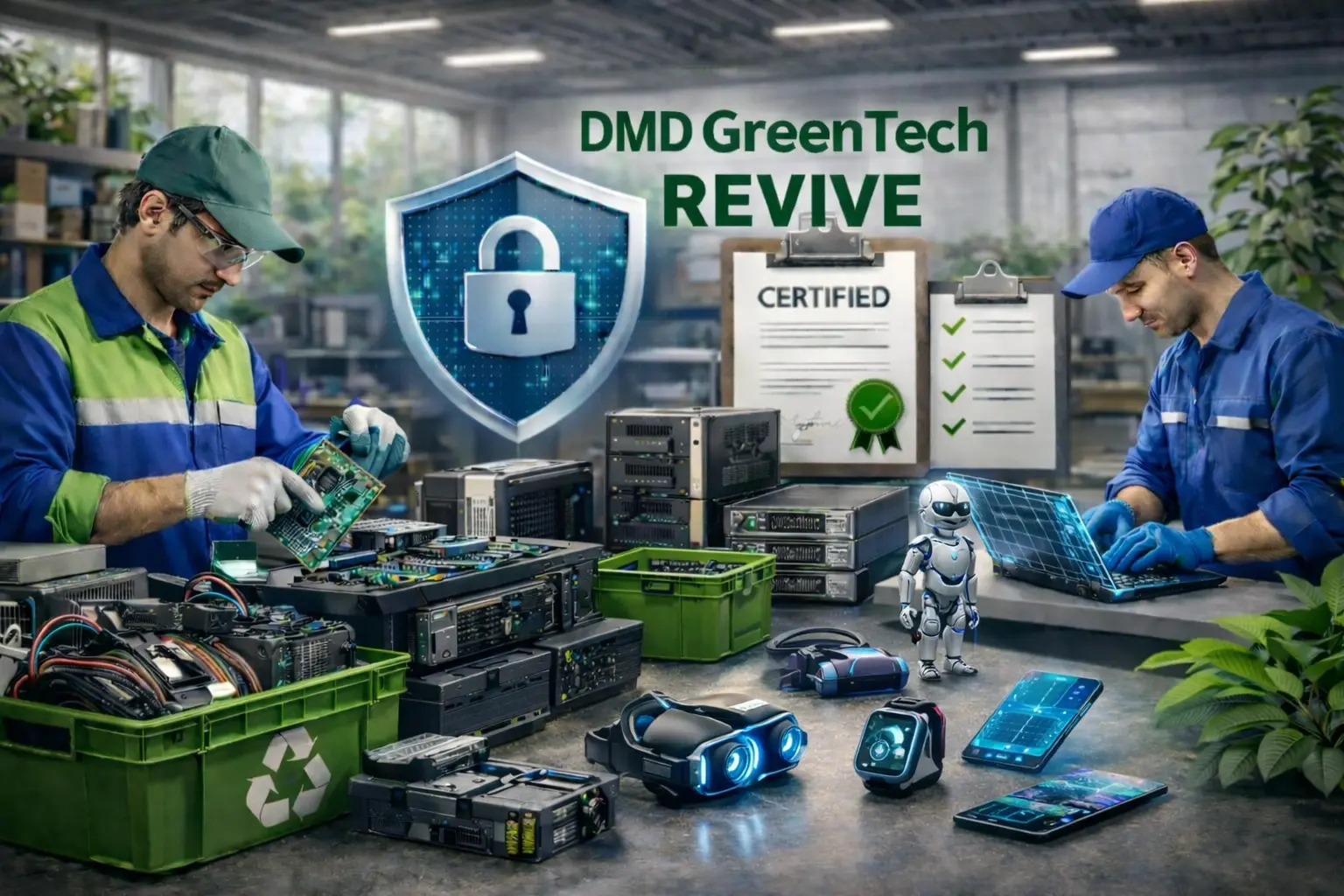 Illustration of technicians dismantling circuit boards and wiping a laptop for recycling